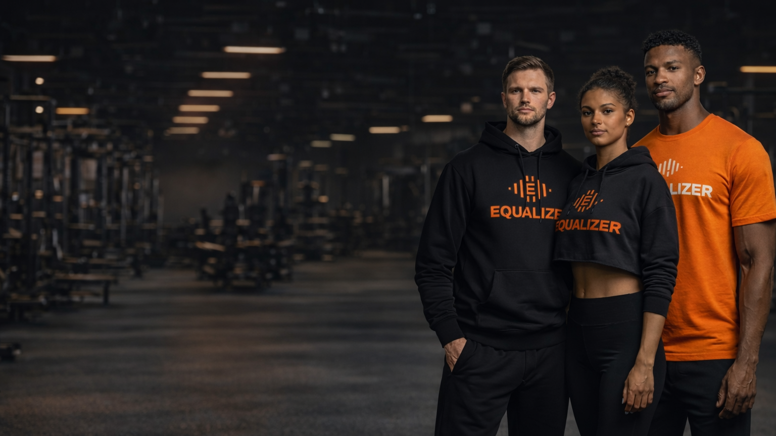 Three people wearing Equalizer brand clothing in a gym setting